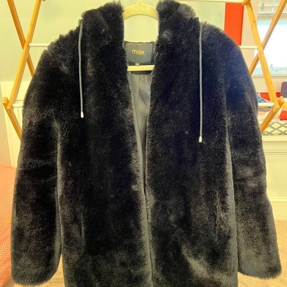 Maje- Black Faux fur hooded Bomber jacket - coat - Picture 4 of 7